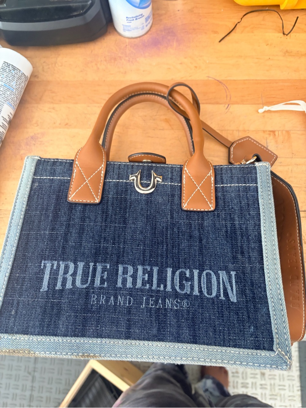 True Religion Blue Denim Satchel with Tan Leather Handles
